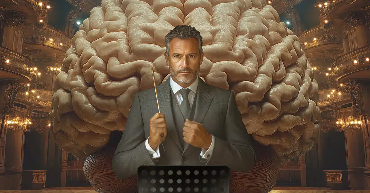 chef d'orchestre devant un cerveau